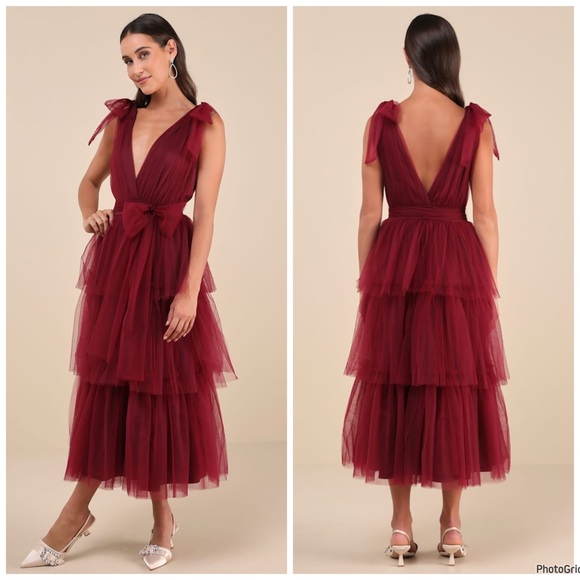 Lulus Dresses & Skirts - NWOT Lulu’s Flawless Arrival Burgundy Tulle Tiered Maxi Dress M $98 Medium